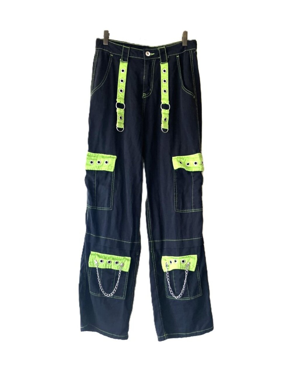 Social Collision Y2K Cargo Pants Size 5 Black Neon Green Chain_Grommet_Rave_Alt